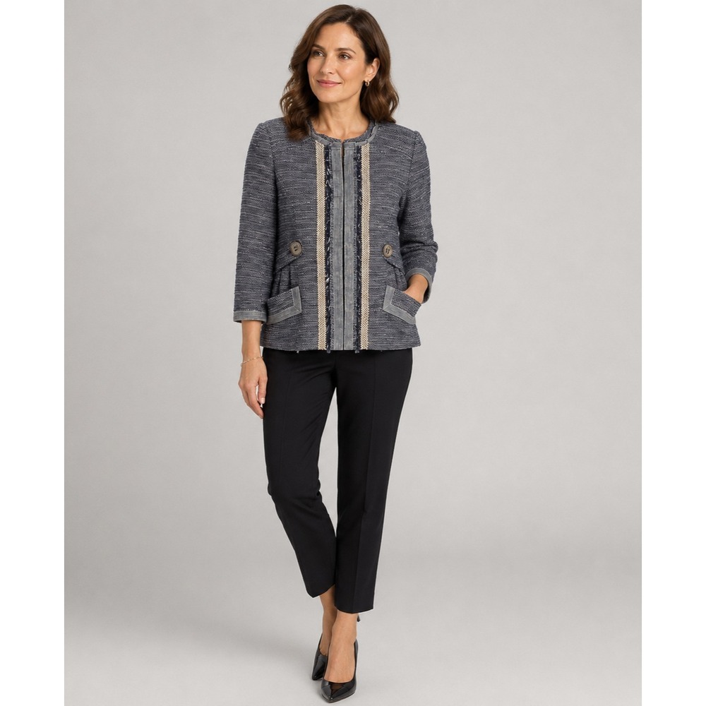 Nanette Lepore Blazer Jacket Womens 8 Blue Cotton Acrylic Knit Pockets Old Money
